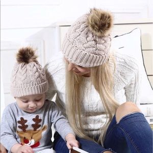 Women’s knit design khaki Beanie with Pom top